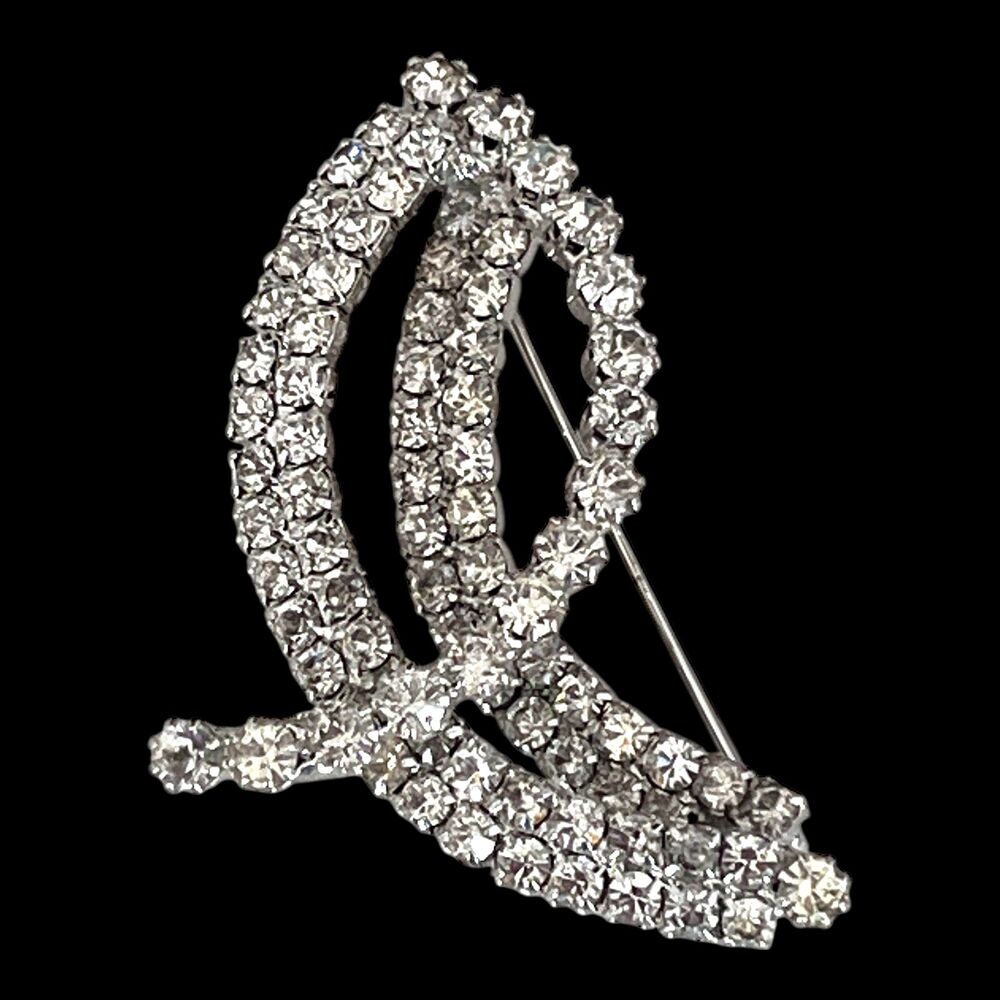 Vintage 1950s Rhinestone Ribbon Brooch Silver Tone Crystal Statement Pin - 6D